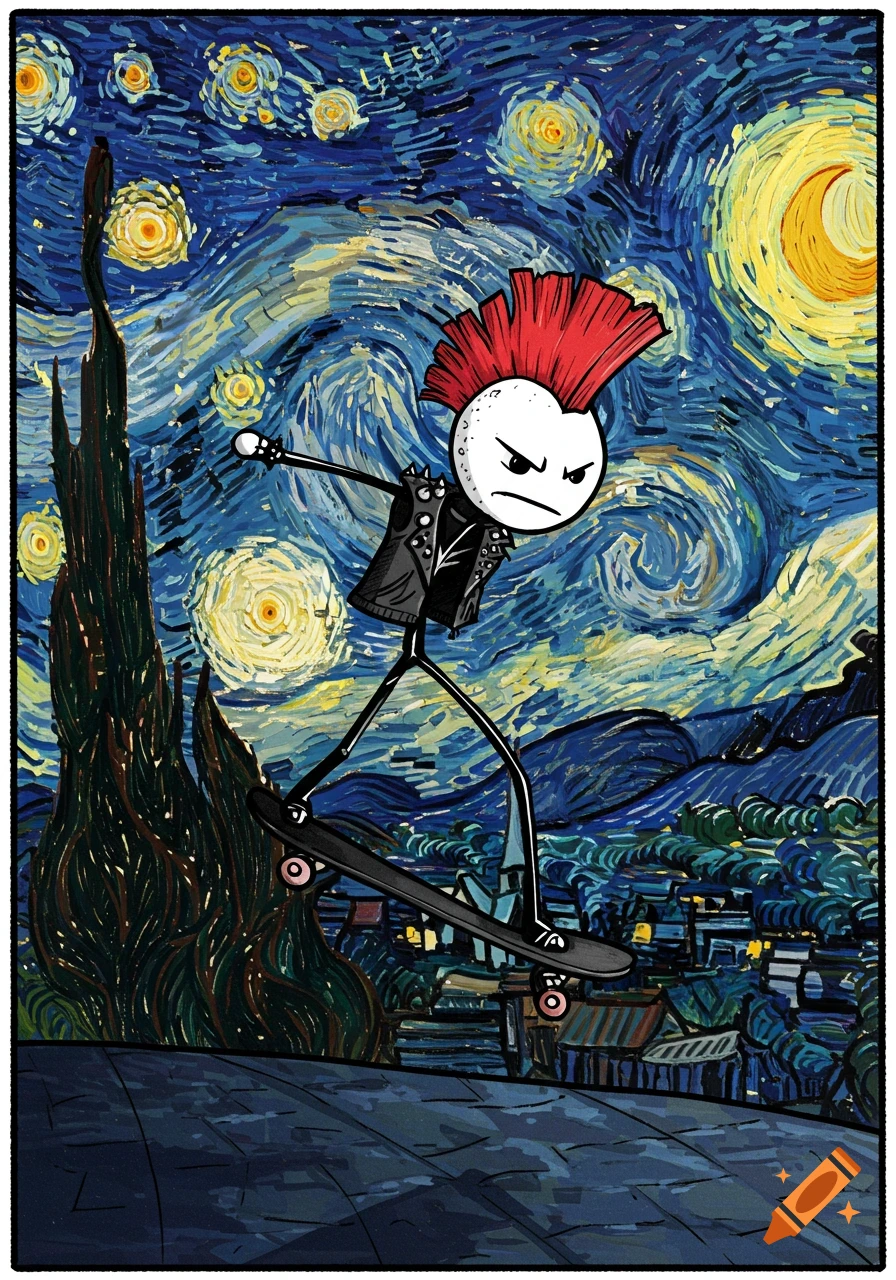 A punk stick figure with a red mohawk skateboards across a stylized landscape resembling Van Gogh's Starry Night, with a cypress tree and village.