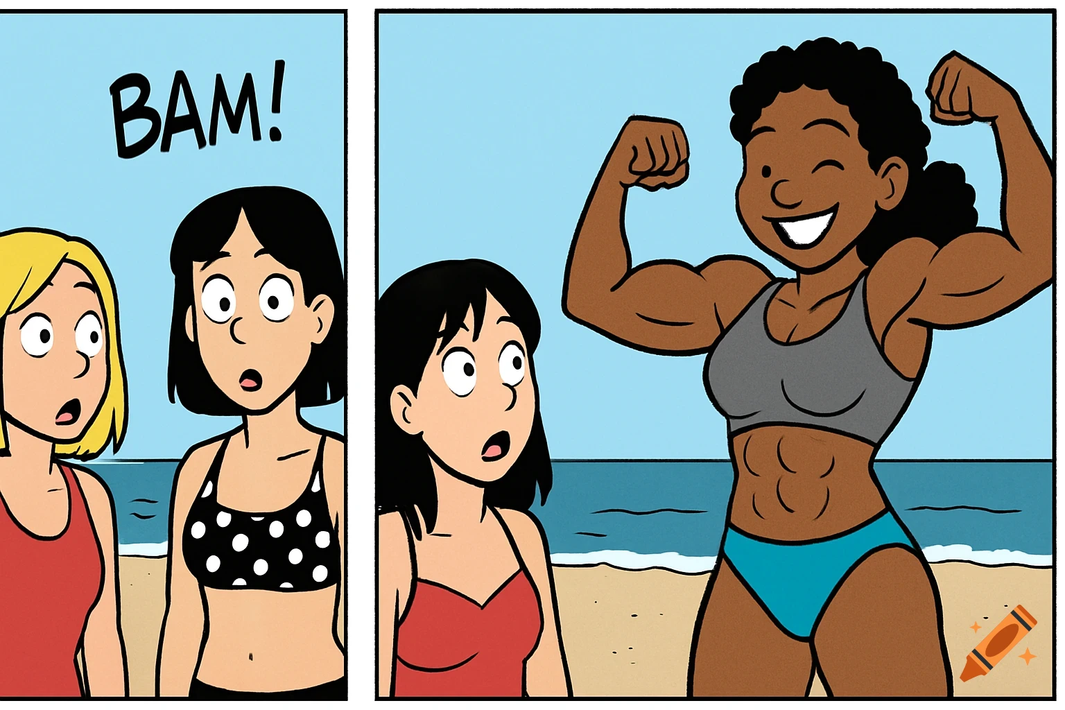A comic strip shows two girls looking surprised as their muscular friend flexes on the beach.