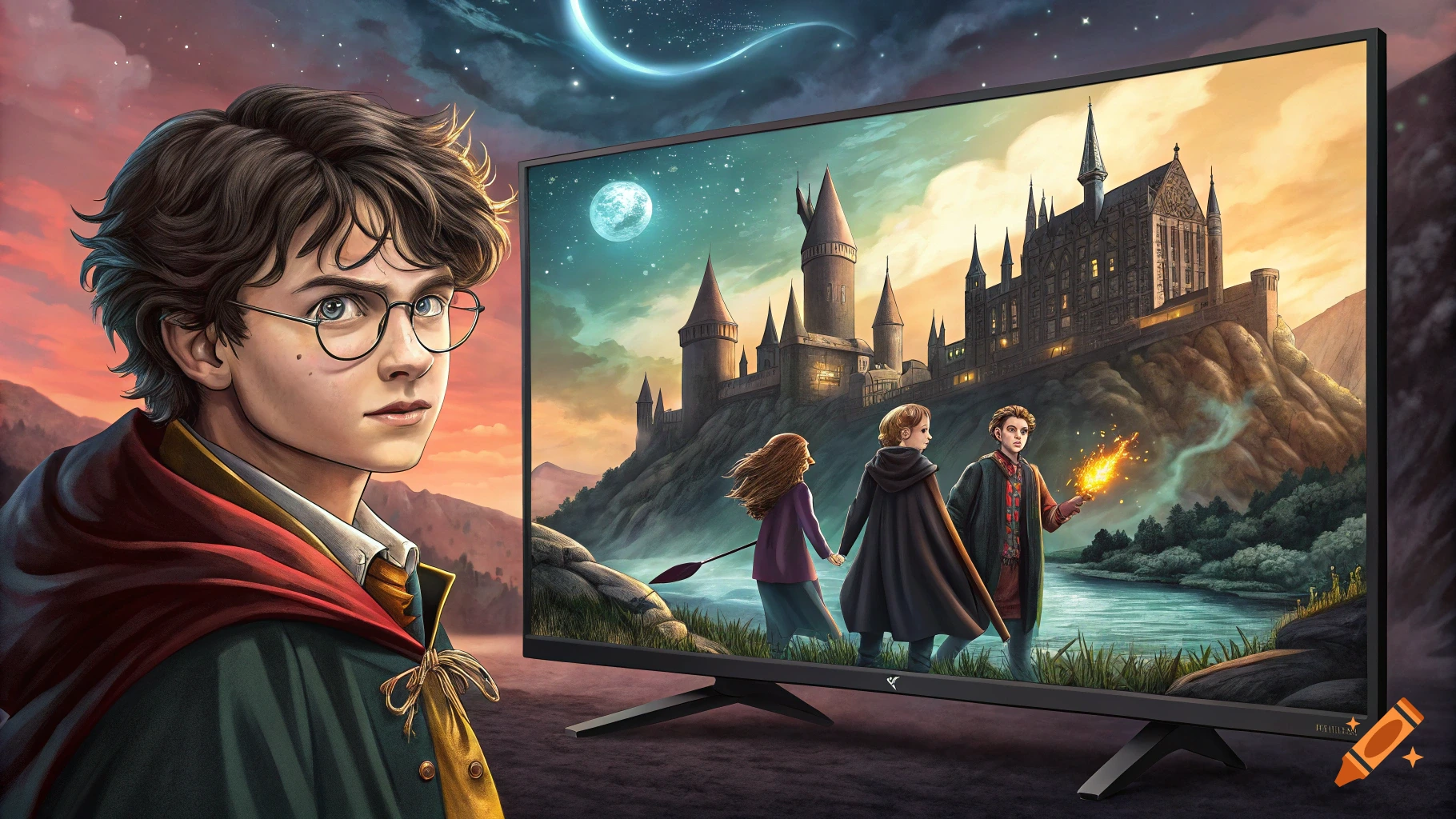 A stylized image of a young man resembling Harry Potter in a wizard robe and glasses, looking towards a TV screen displaying a magical castle and three children walking by a river.