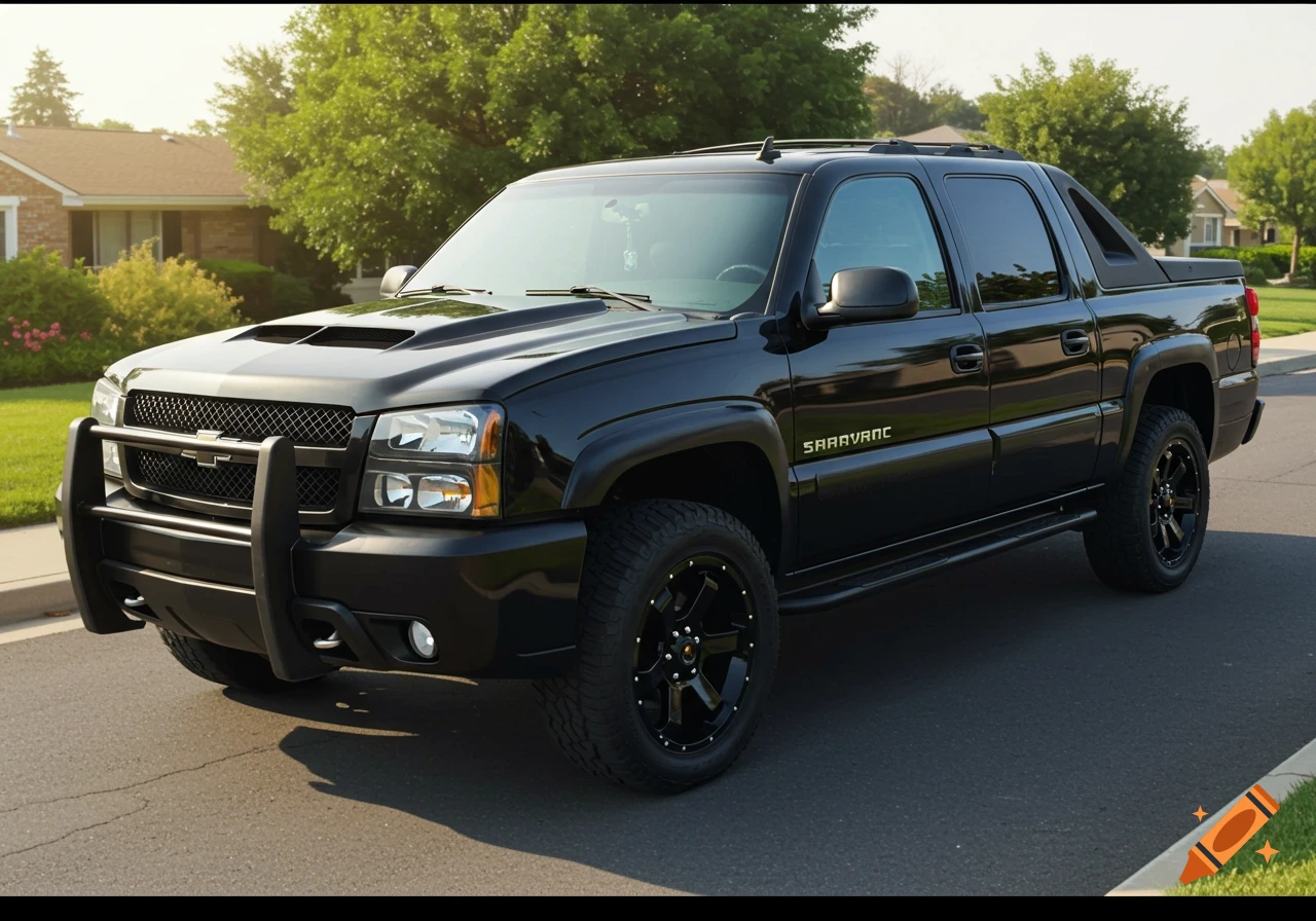 A black 2004 Chevrolet Avalanche 2500 with a brush guard and aftermarket hood parked on an asphalt street in a suburban neighborhood.