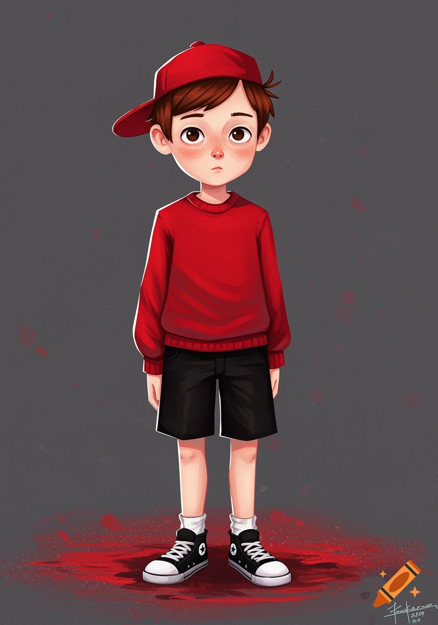 A cartoon boy with brown hair and freckles, wearing a red shirt, black shorts, a red cap, and black and white sneakers, on a gray background.