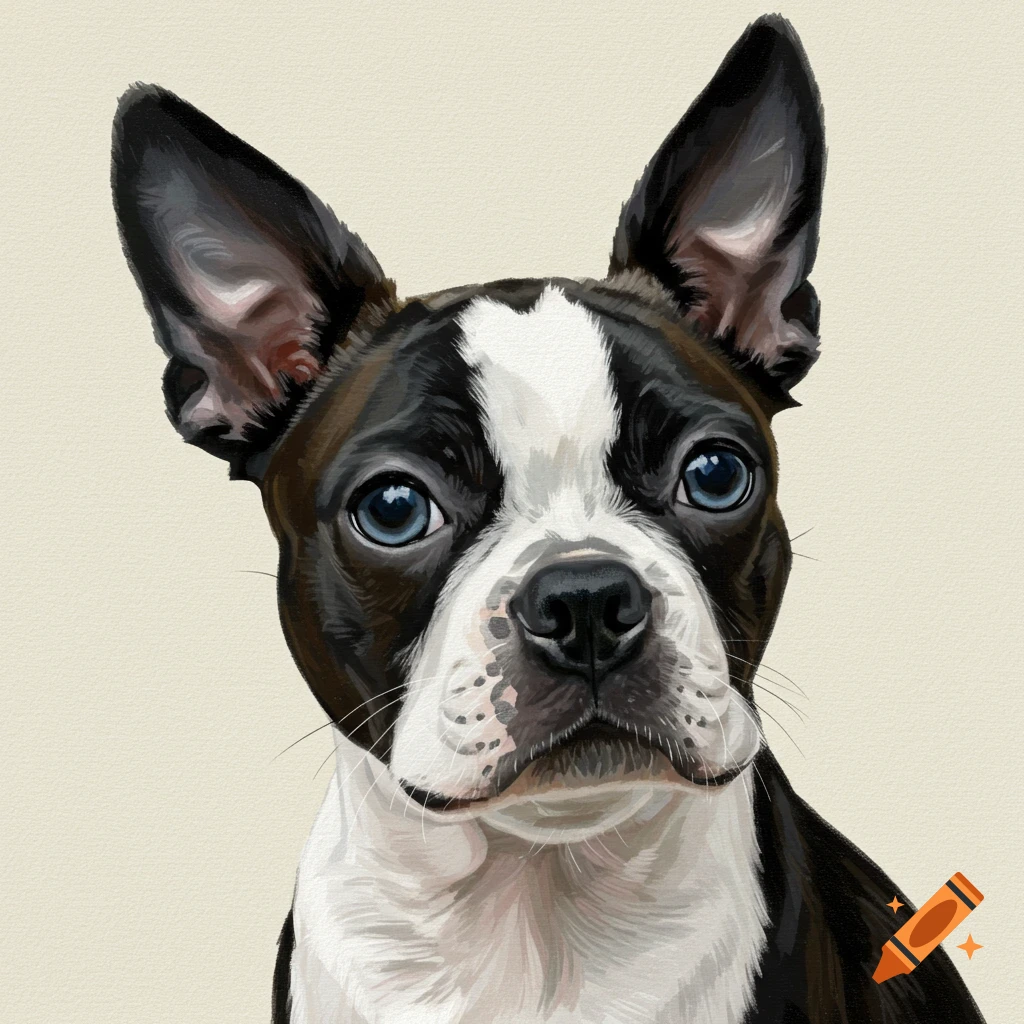 Close-up portrait painting of a black and white Boston Terrier with blue eyes against a light background.
