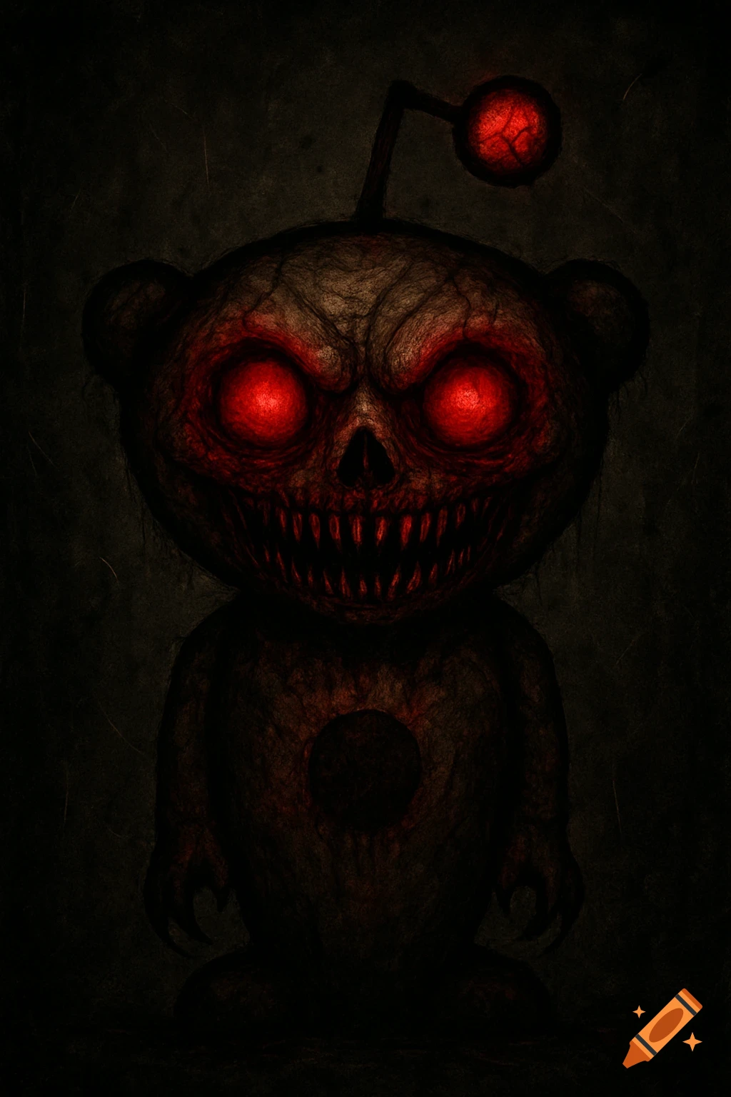 A dark and eerie monstrous version of the Reddit Snoo mascot with glowing red eyes and sharp teeth.