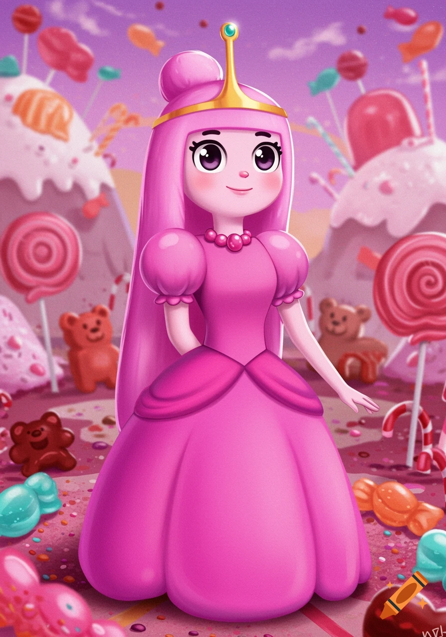 Cartoon Princess Bubblegum in a bright pink dress stands in a colorful candy kingdom filled with lollipops, gummy bears, and sweet treats.