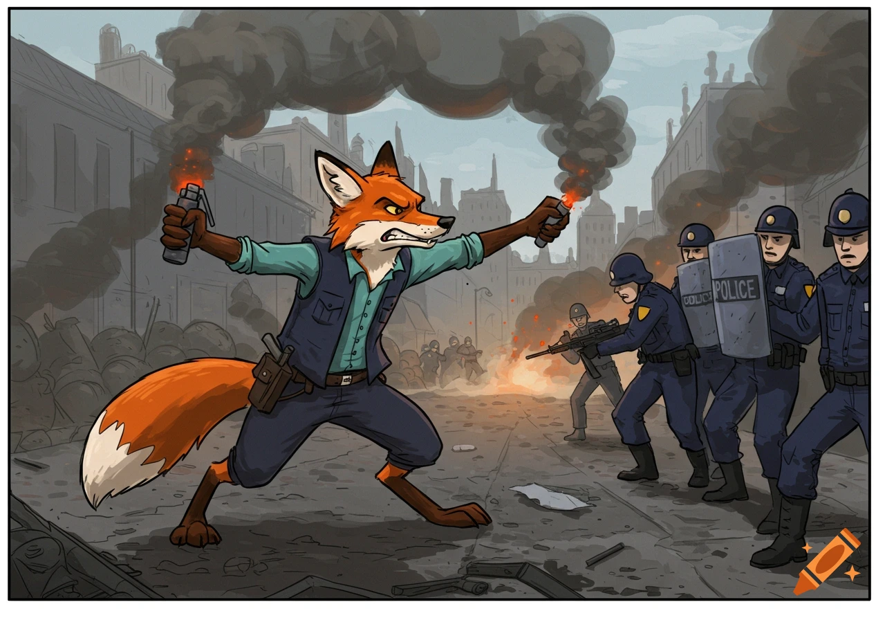 A cartoon fox throws a smoke grenade at police during a chaotic riot in a city street, in a comic book style.