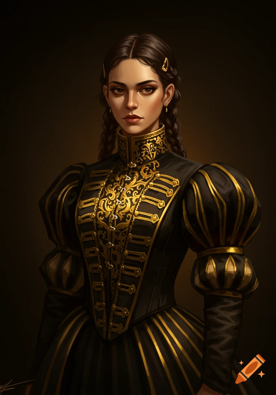 A portrait of a woman in an elaborate black and gold 17th-century style outfit with braided hair.