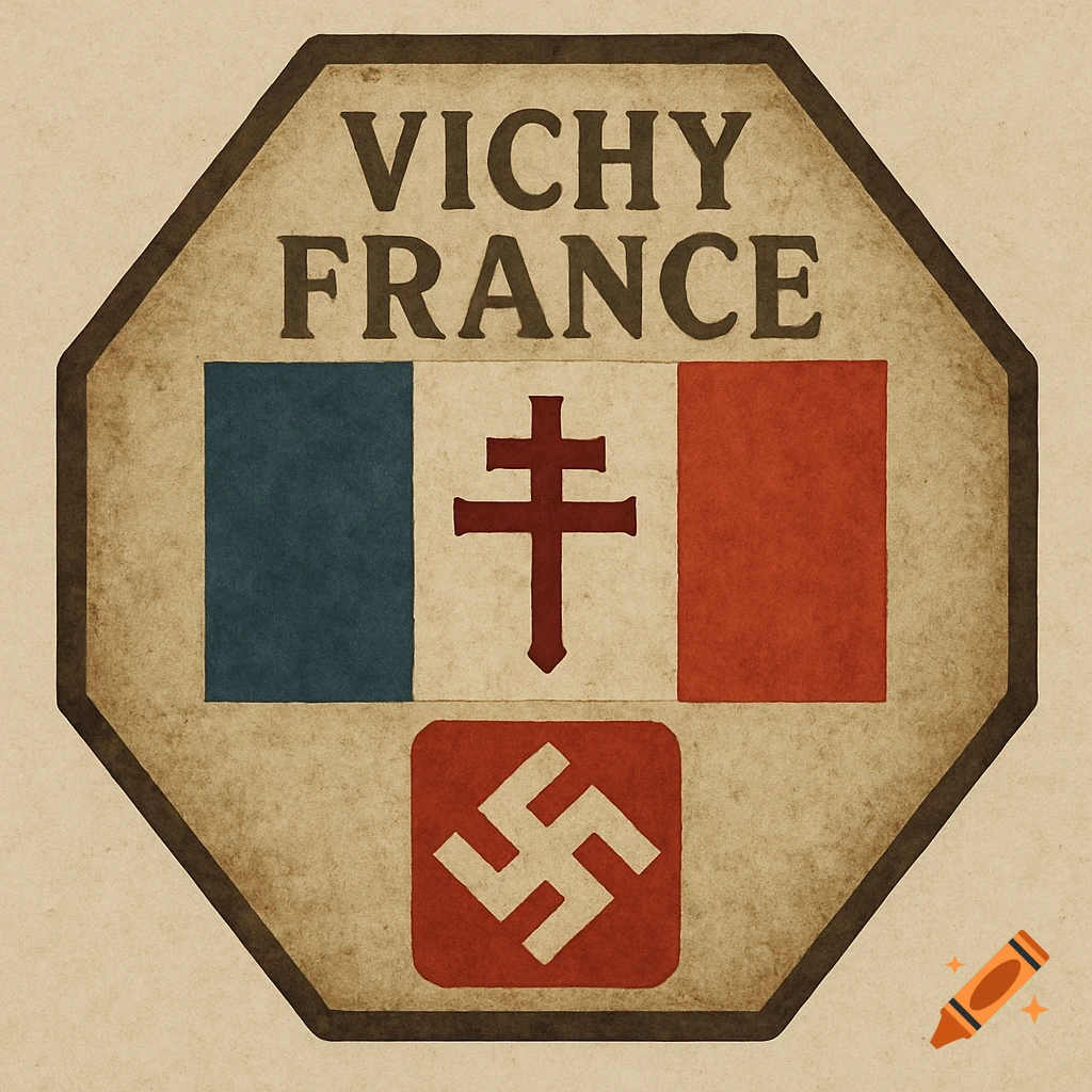 A vintage-style octagonal board game token for Vichy France, featuring a French flag, a Lorraine cross, and a small swastika.