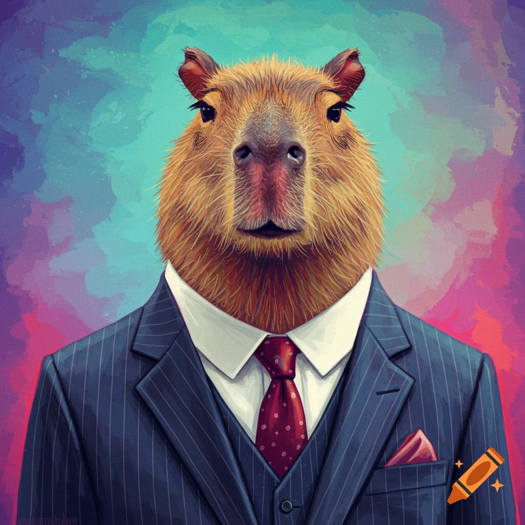 An illustration of a capybara wearing a dark pinstripe suit, white shirt, and red polka dot tie against a vibrant background.
