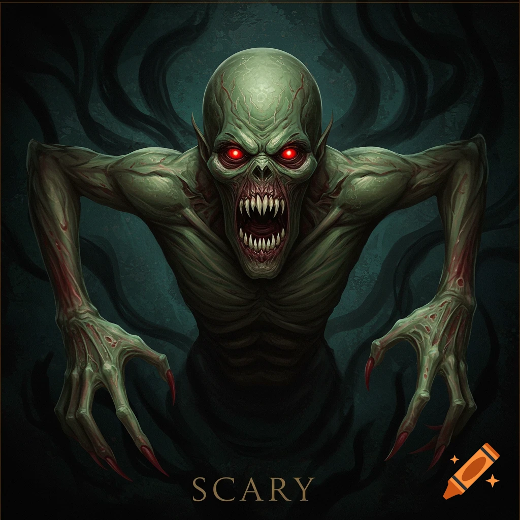 A green, skeletal monster with glowing red eyes and sharp fangs lunges forward from dark shadows, with the word SCARY below.