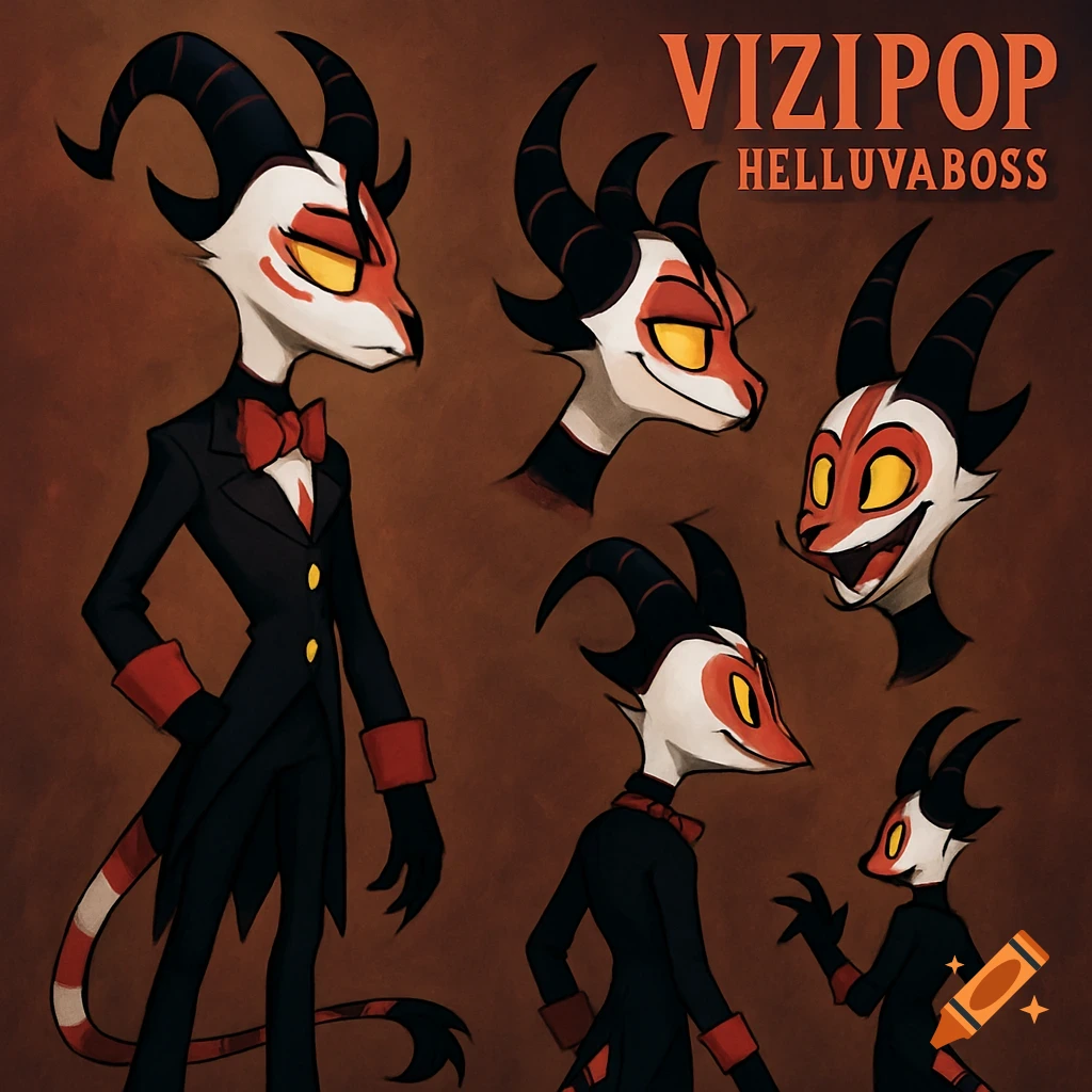 A character reference sheet of a Helluva Boss-themed demon in a black suit with horns and a tail, showing various poses and expressions. Text: VIZIPOP HELLUVABOSS.