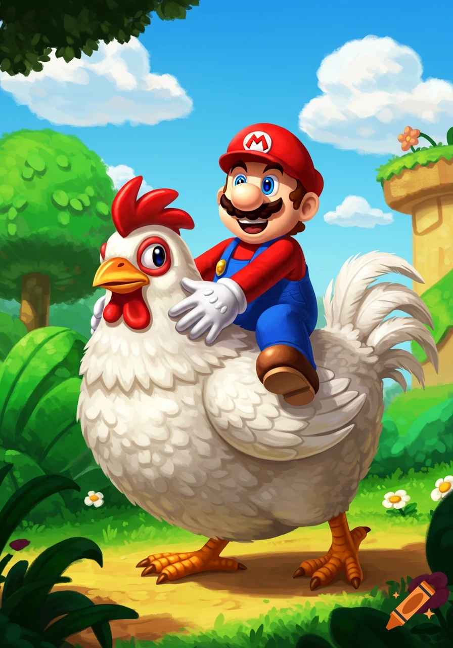 Mario, a cartoon plumber in red and blue overalls, rides a large white chicken through a vibrant green landscape with trees and clouds.