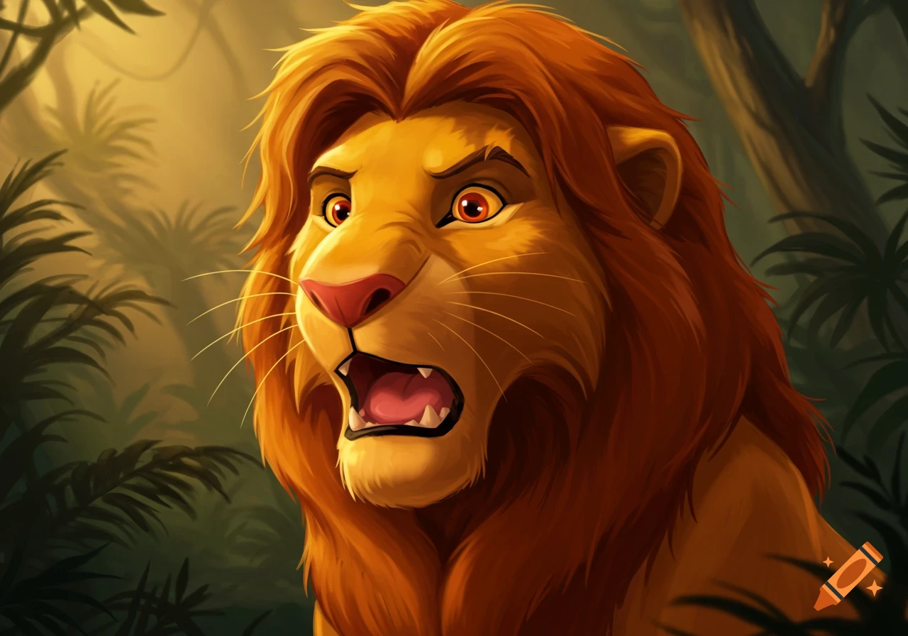 A cartoon lion with an orange mane and yellow fur looks surprised with an open mouth in a lush jungle setting.