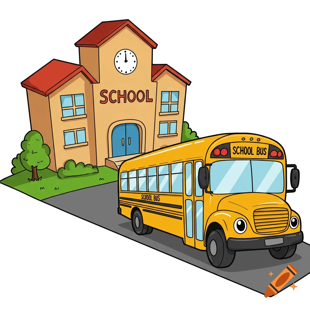 A colorful cartoon illustration of a yellow school bus parked in front of a school building.