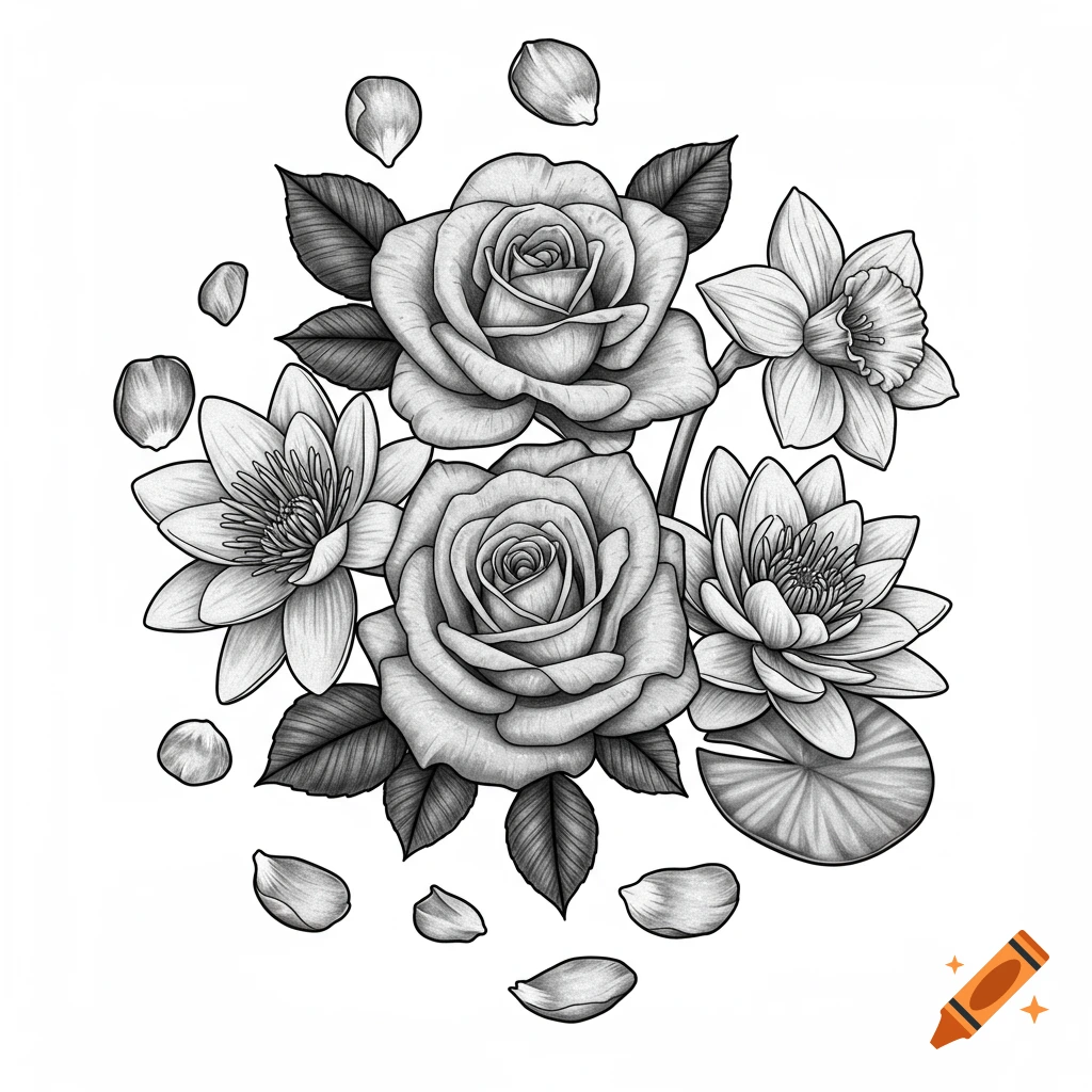 Black and white realistic drawing of a floral bouquet featuring roses, water lilies, and daffodils with scattered petals.