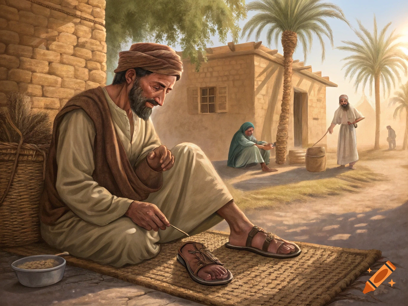 A bearded man in ancient robes sits on a mat, mending sandals outside a mud-brick house in a sunlit village.