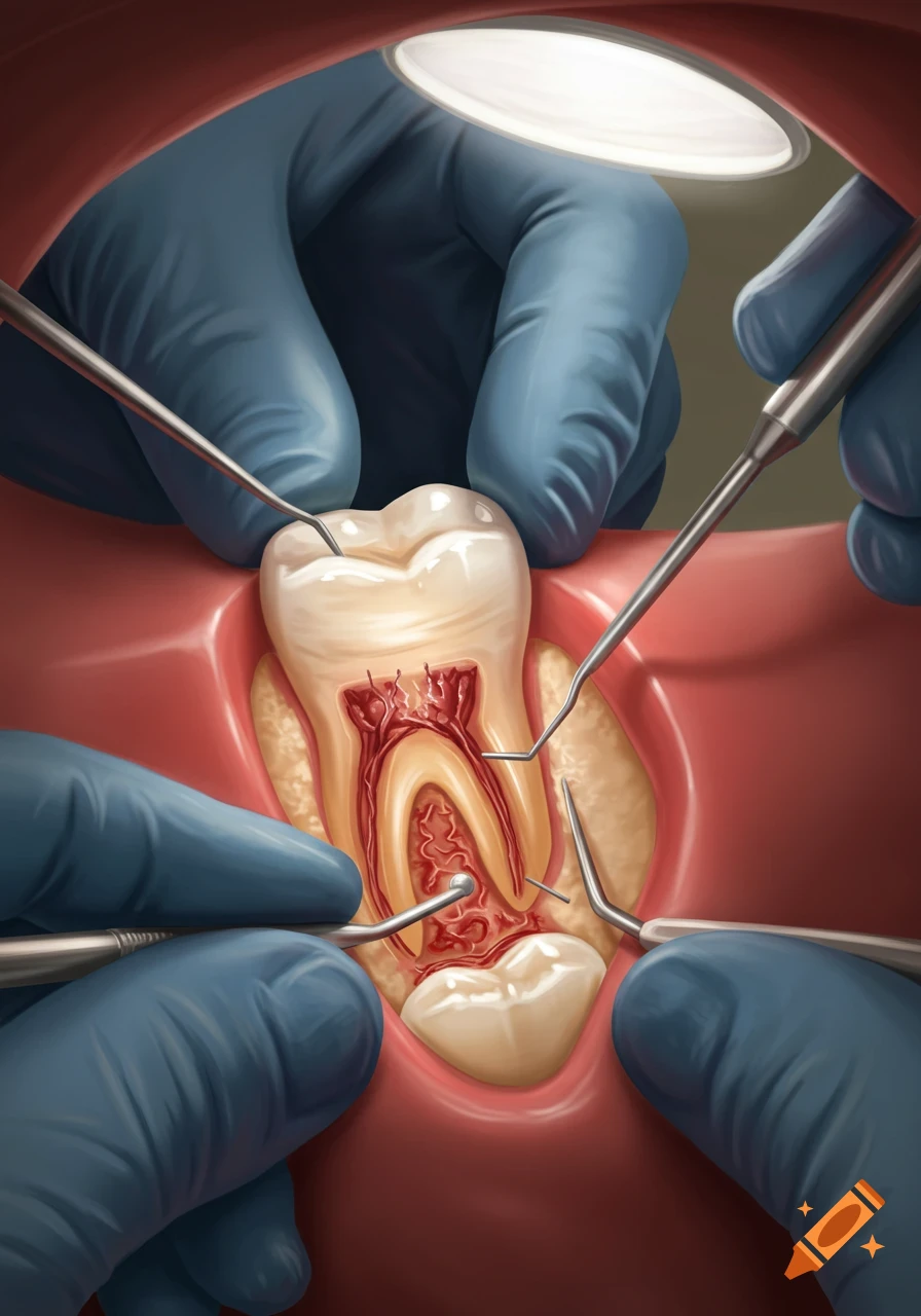 Detailed illustration of a root canal procedure, showing gloved hands using dental tools on a cross-section of an exposed tooth.