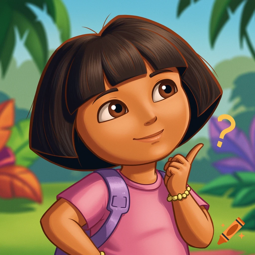 Dora the Explorer in a jungle, looking up curiously with a question mark symbol next to her head, cartoon style.