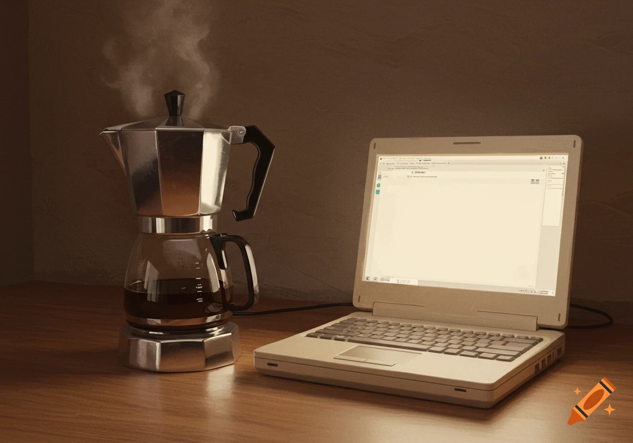 A steaming vintage-style moka pot sits next to an open laptop on a wooden desk, bathed in warm light.