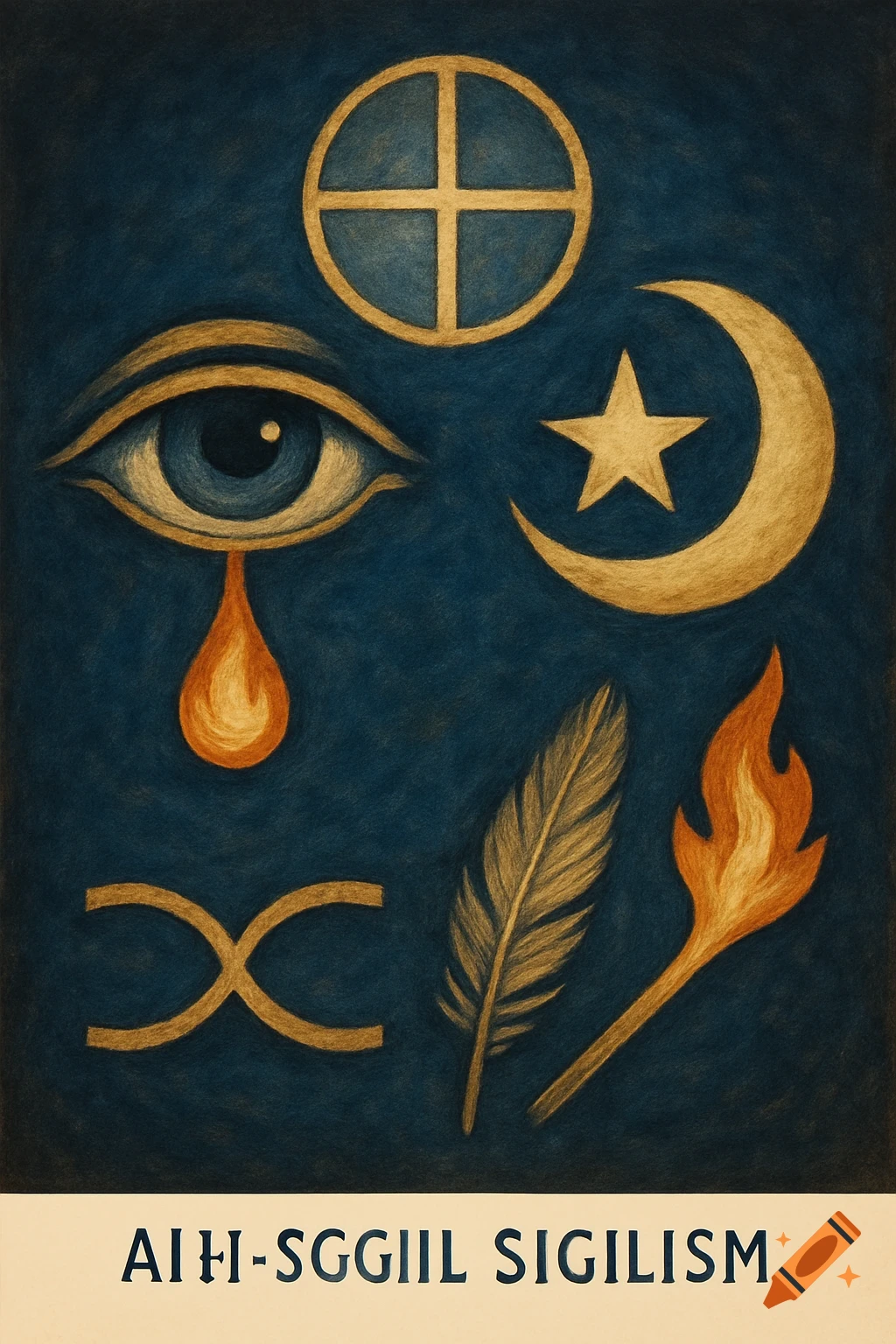 An illustration with mystical symbols including an eye with a fiery tear, a four-part circle, a crescent moon and star, an infinity symbol, a feather, and a flame, on a deep blue background.