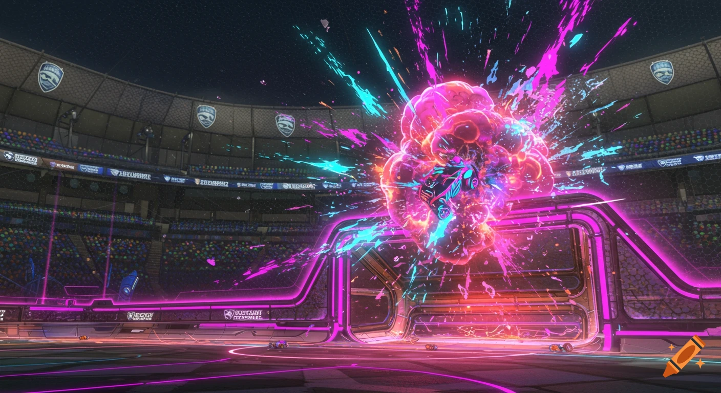 A neon-lit futuristic stadium features a large, colorful explosion of pink and blue energy at the goal, inspired by Rocket League.