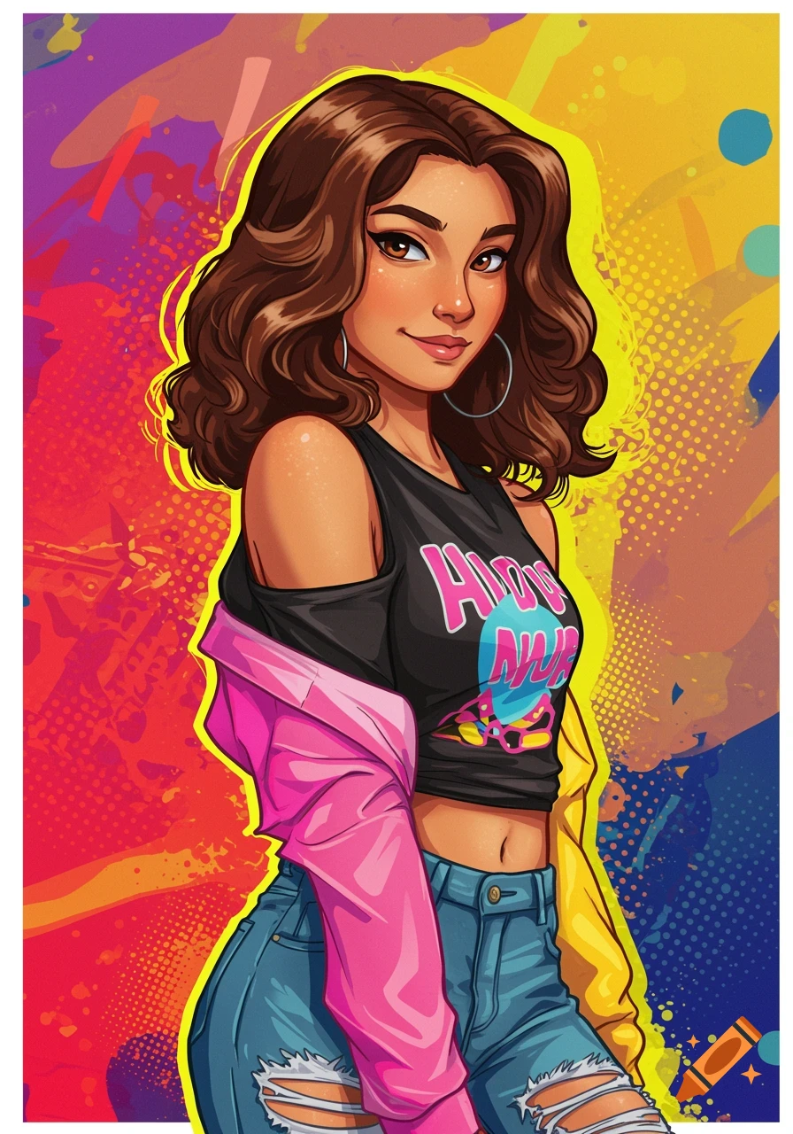 Cartoon-style portrait of a girl with brown hair, wearing a black crop top, pink jacket, and ripped jeans, against a colorful abstract background.