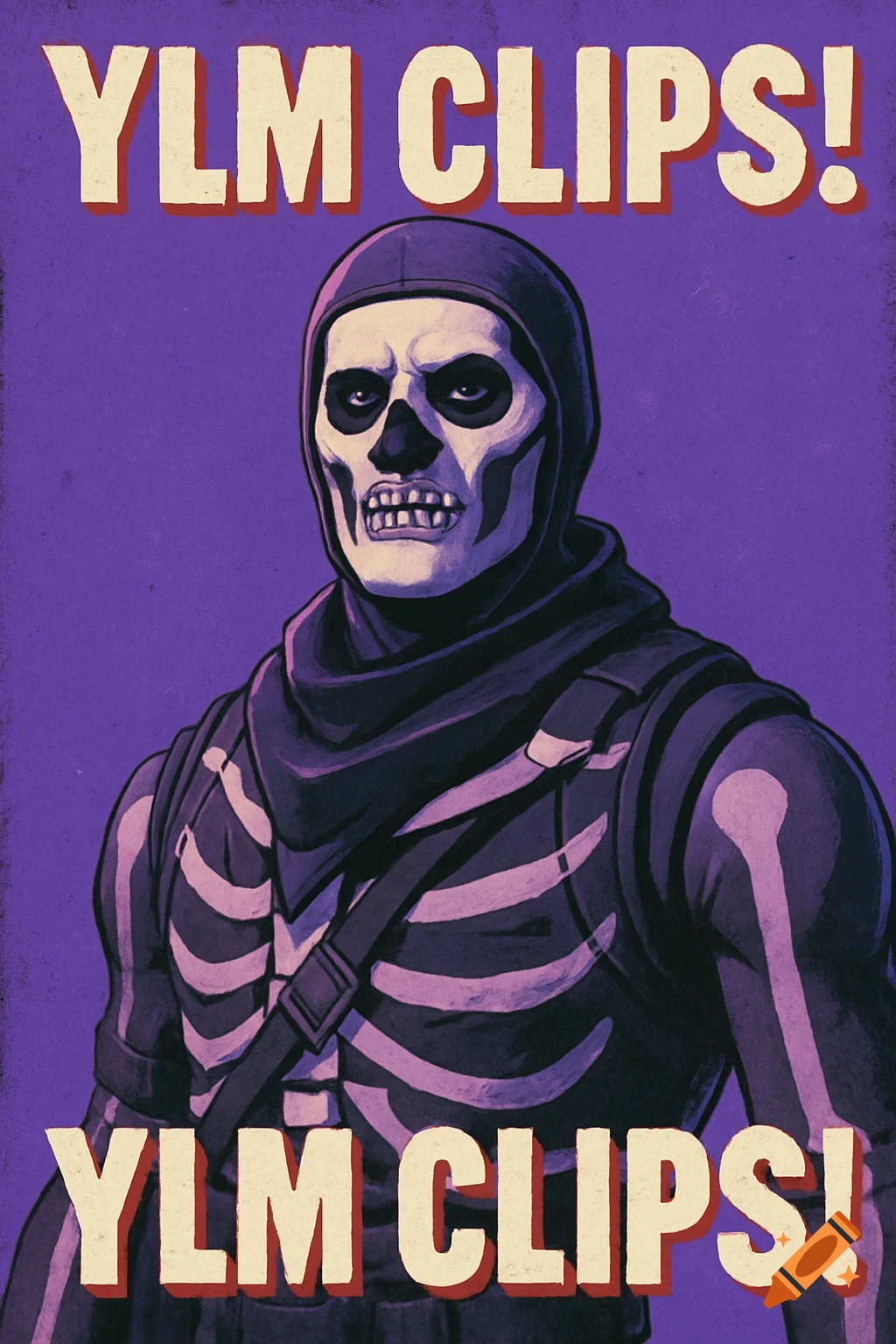 A purple poster featuring Fortnite's Skull Trooper in a stylized, distressed art style, with 'YLM CLIPS!' text at the top and bottom.