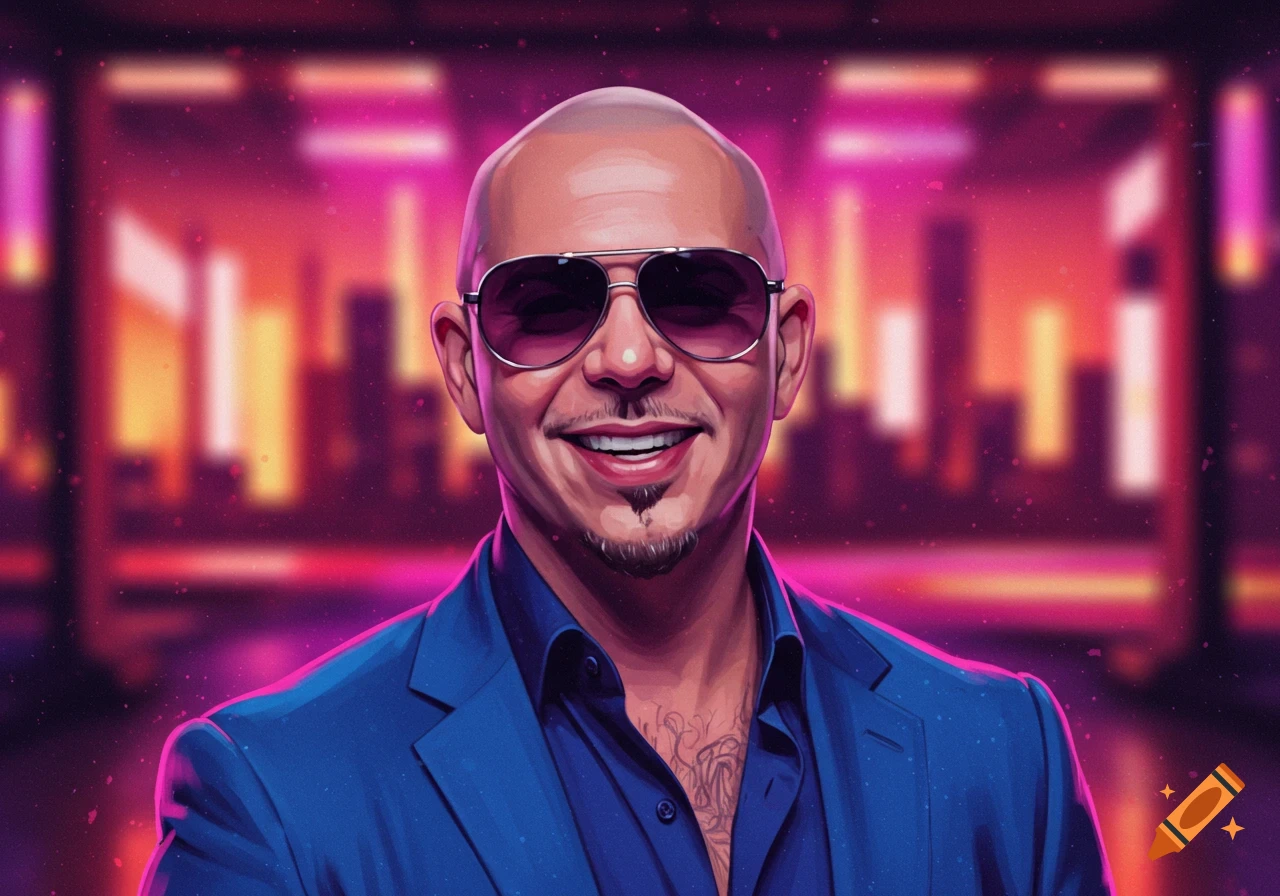 Stylized portrait of Pitbull smiling in sunglasses against a neon pink and blue cityscape background.