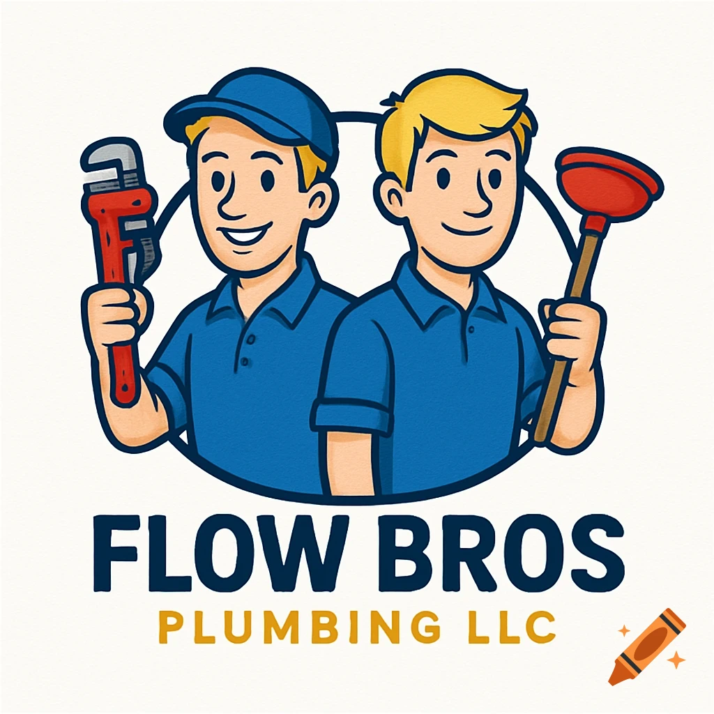 Cartoon logo with two smiling male plumbers, one holding a pipe wrench and the other a plunger. Text: 'FLOW BROS PLUMBING LLC'.