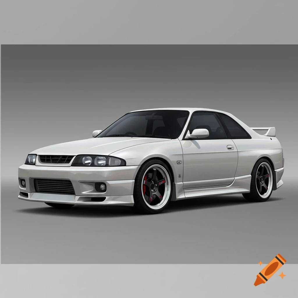 A photorealistic white pearl 1995 Nissan Skyline R33 GTR with gloss black TE-37 rims and tinted windows, against a gray background.
