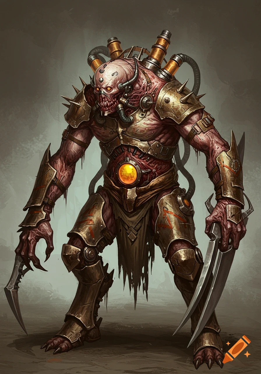 A monstrous, grotesque creature with a fleshy body, golden spiked armor, tubes, a glowing orange core, sharp teeth, and blades.