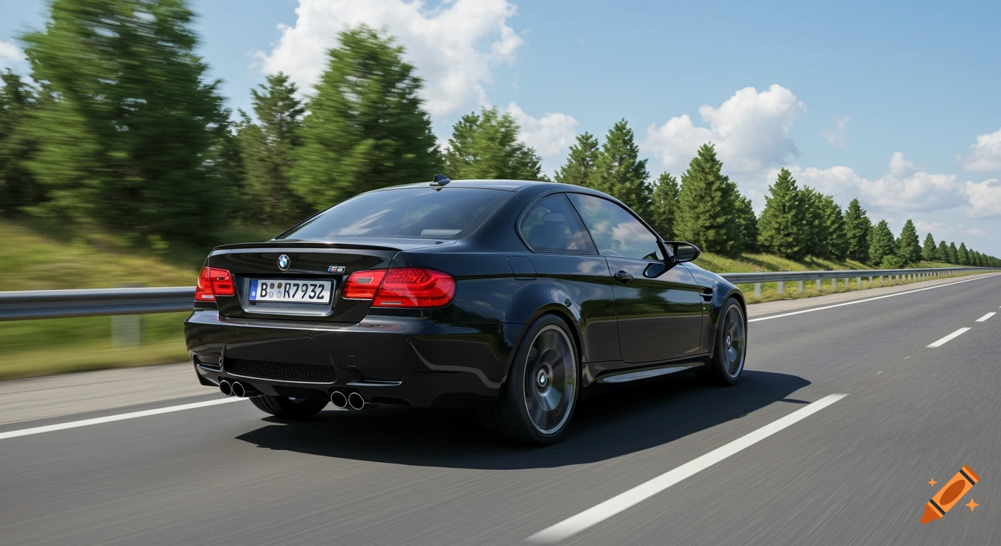 A black BMW coupe drives on a highway bordered by trees under a clear sky.