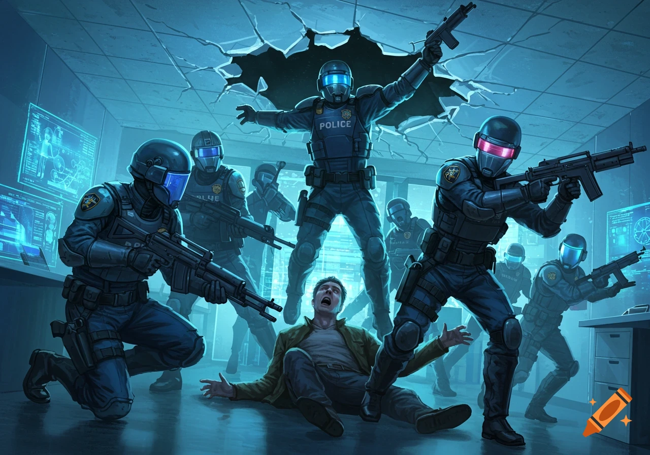 Heavily armed futuristic police officers burst through a ceiling, surrounding a terrified man in an office, in a dark, neon-blue lit sci-fi scene.