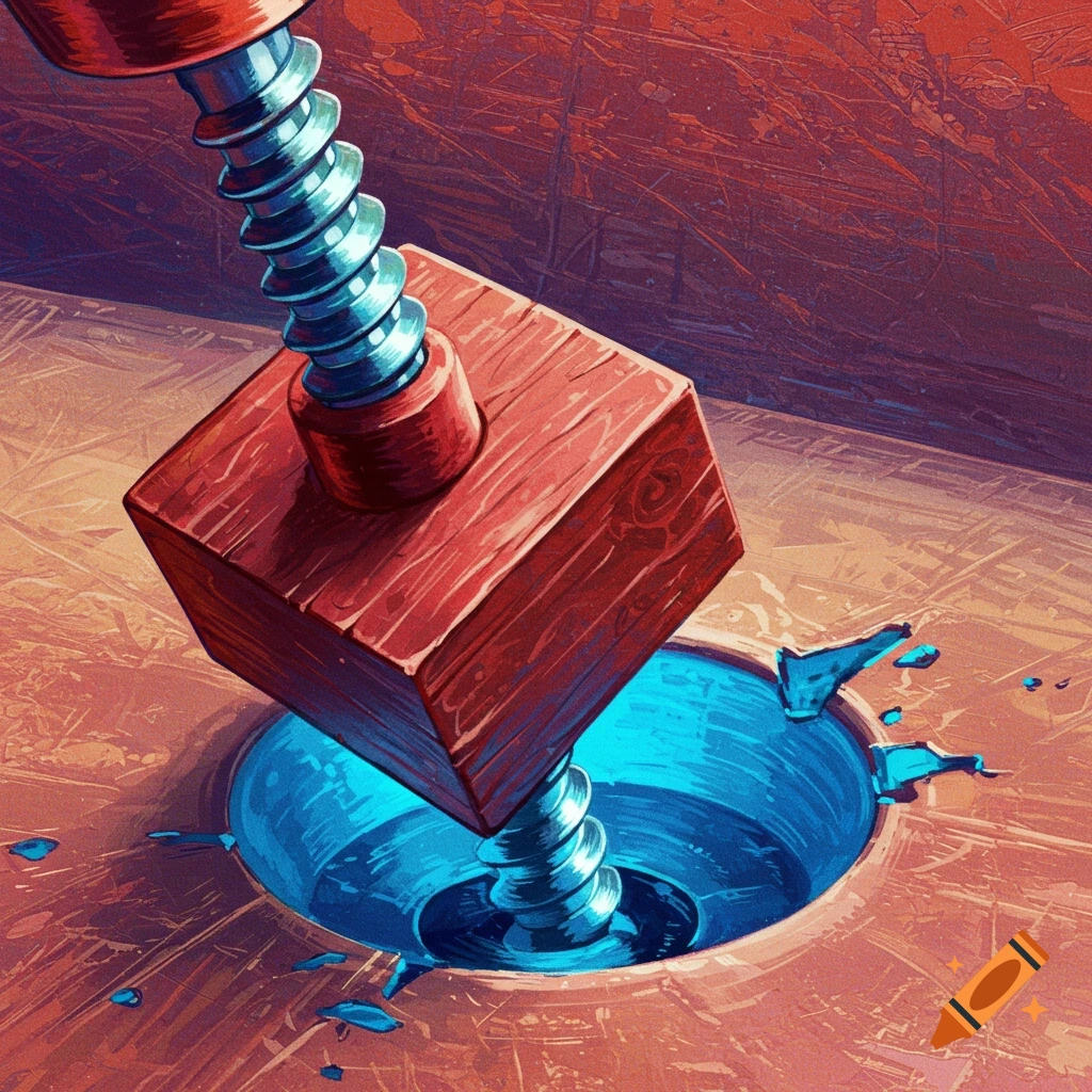 A vibrant illustration of a square wooden block, with a large metal screw, being forced into a glowing blue round hole.