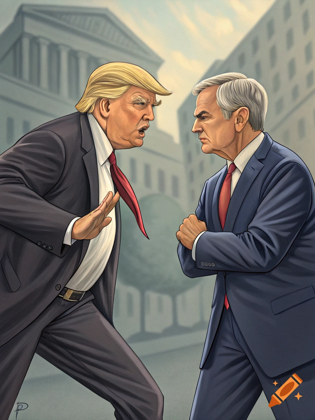 A stylized illustration of Donald Trump and Jerome Powell facing off, appearing to argue or confront each other.