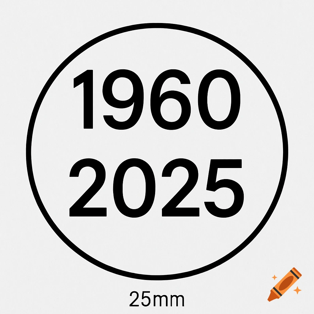 A black circle with '1960' and '2025' inside, and '25mm' below on a white background.