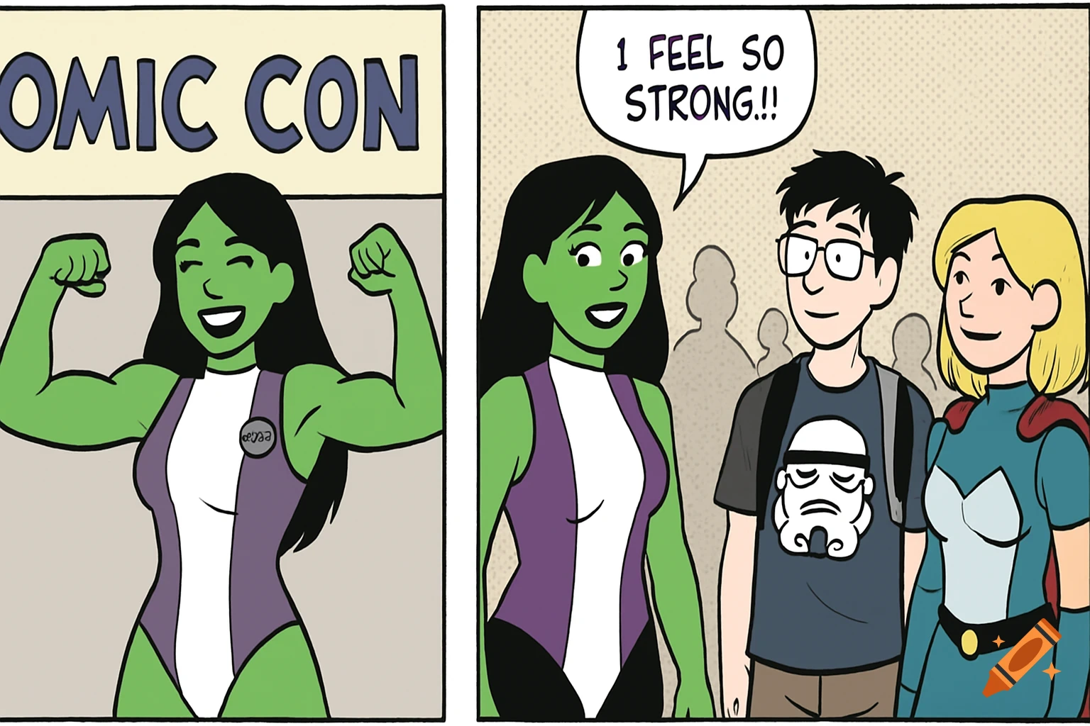 A comic strip shows a green-skinned woman in a leotard flexing as She-Hulk at 'Comic Con' and later talking to attendees.