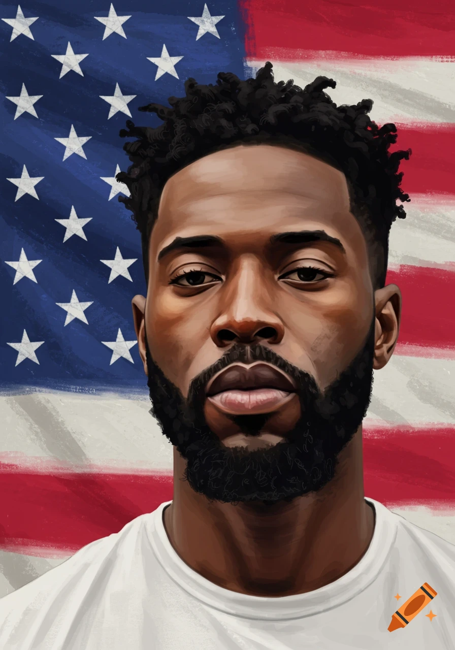 Close-up portrait of a Black man with a beard against an American flag, in a painted style.
