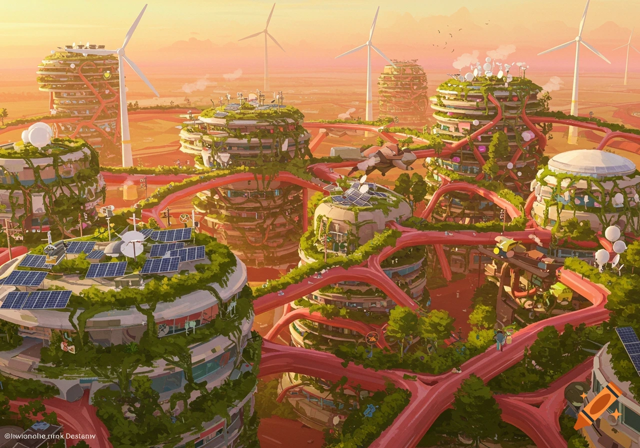 Vibrant solarpunk city with green, organic buildings, solar panels, and wind turbines connected by red pathways under an orange sky.