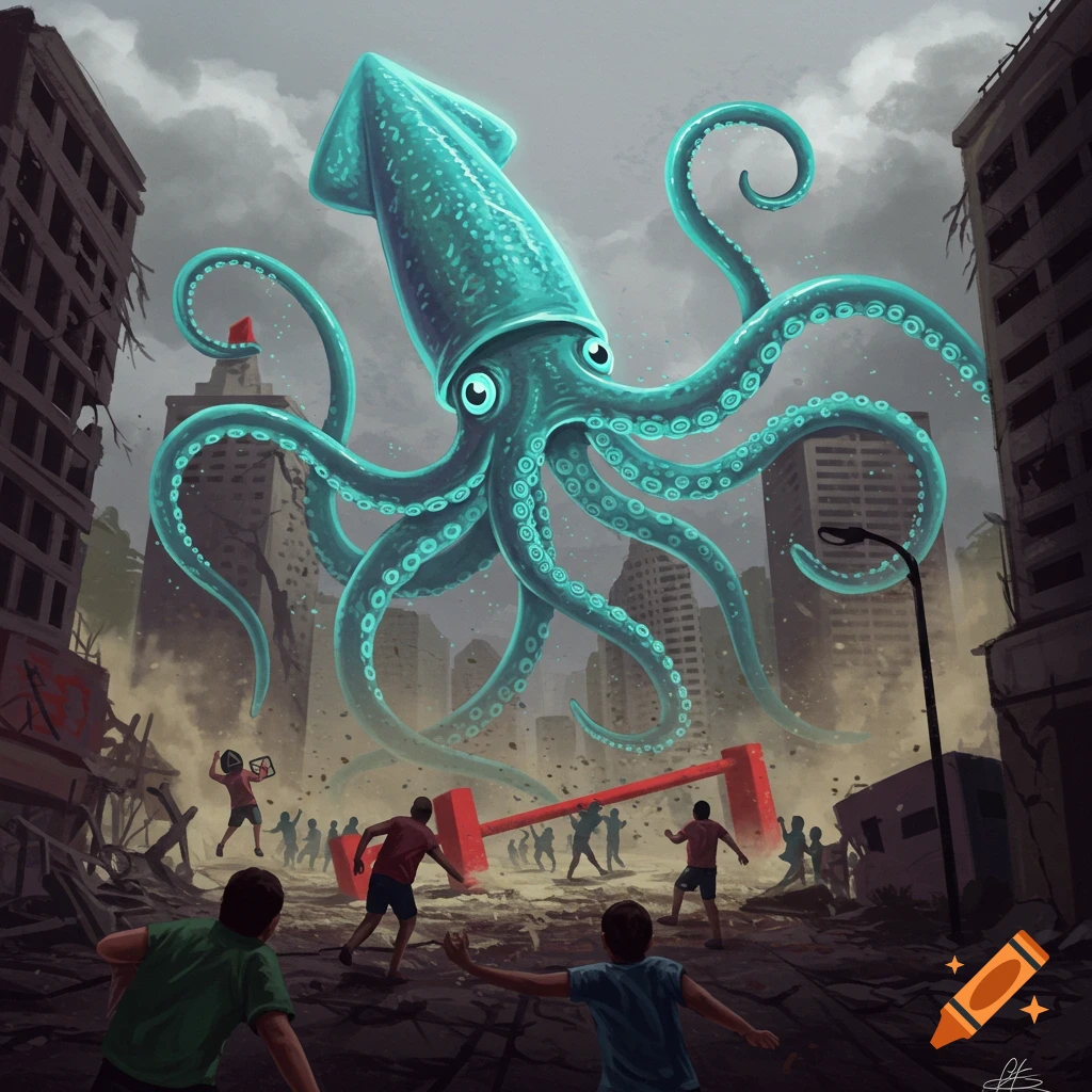A colossal glowing blue squid looms over a destroyed city as tiny people flee below, digital illustration.