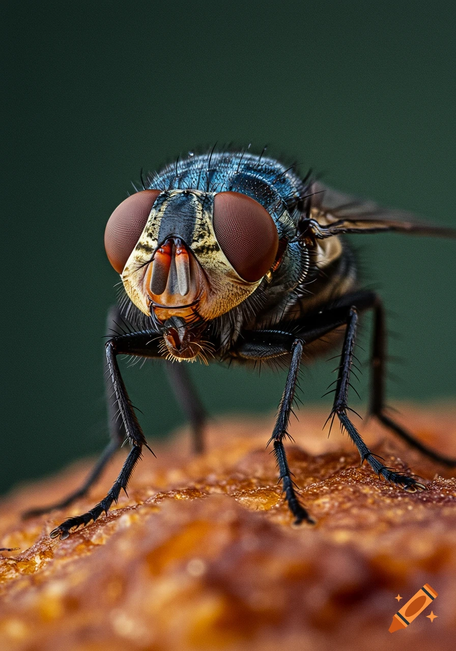 Photorealistic macro shot of a blue and yellow fly with large compound eyes and hairy legs on a textured brown surface.