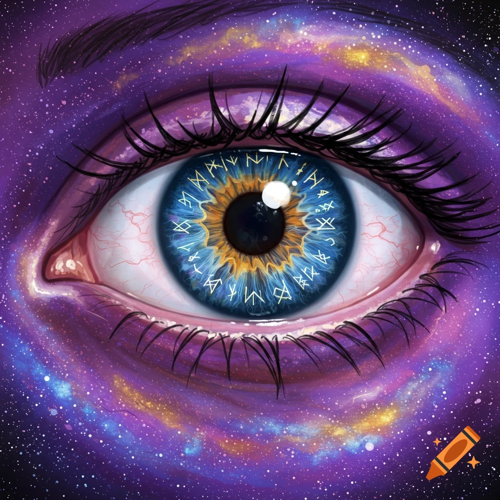Close-up illustration of a cosmic eye with a blue iris containing glowing runic symbols, surrounded by a purple galaxy.