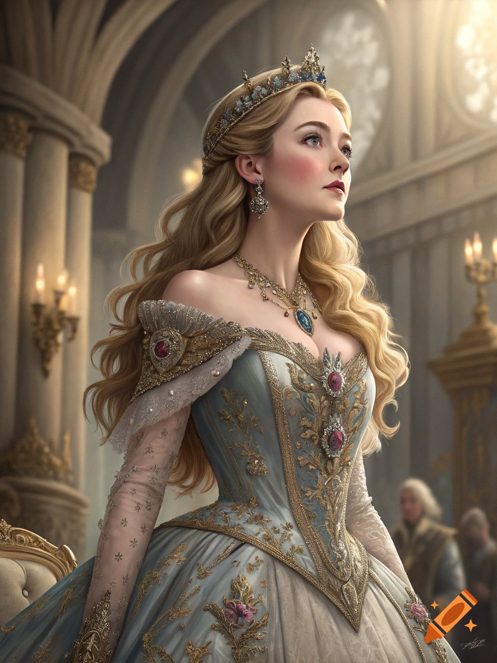 A photorealistic portrait of a blonde princess in a blue and gold gown and crown, looking upwards in a grand hall.