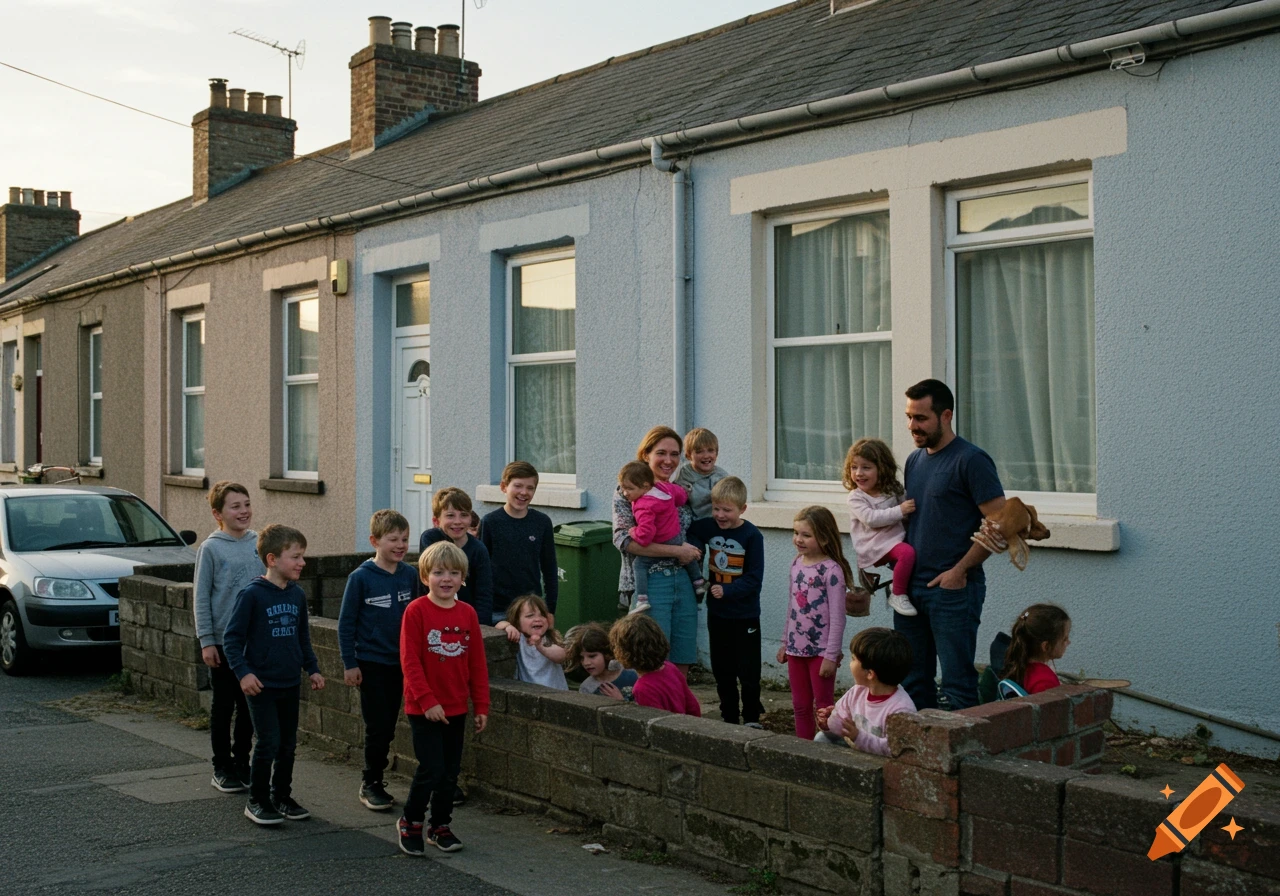 A large family, including two adults and many children, poses on a residential street in front of terraced houses in this photorealistic image.