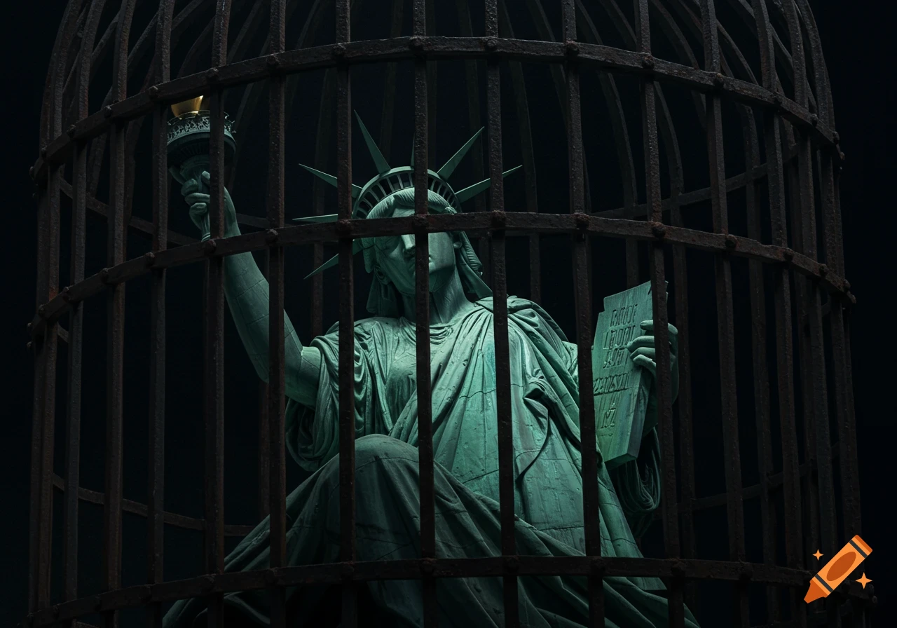 Photorealistic Statue of Liberty hunched inside a dark, rusty iron cage, holding a tablet.