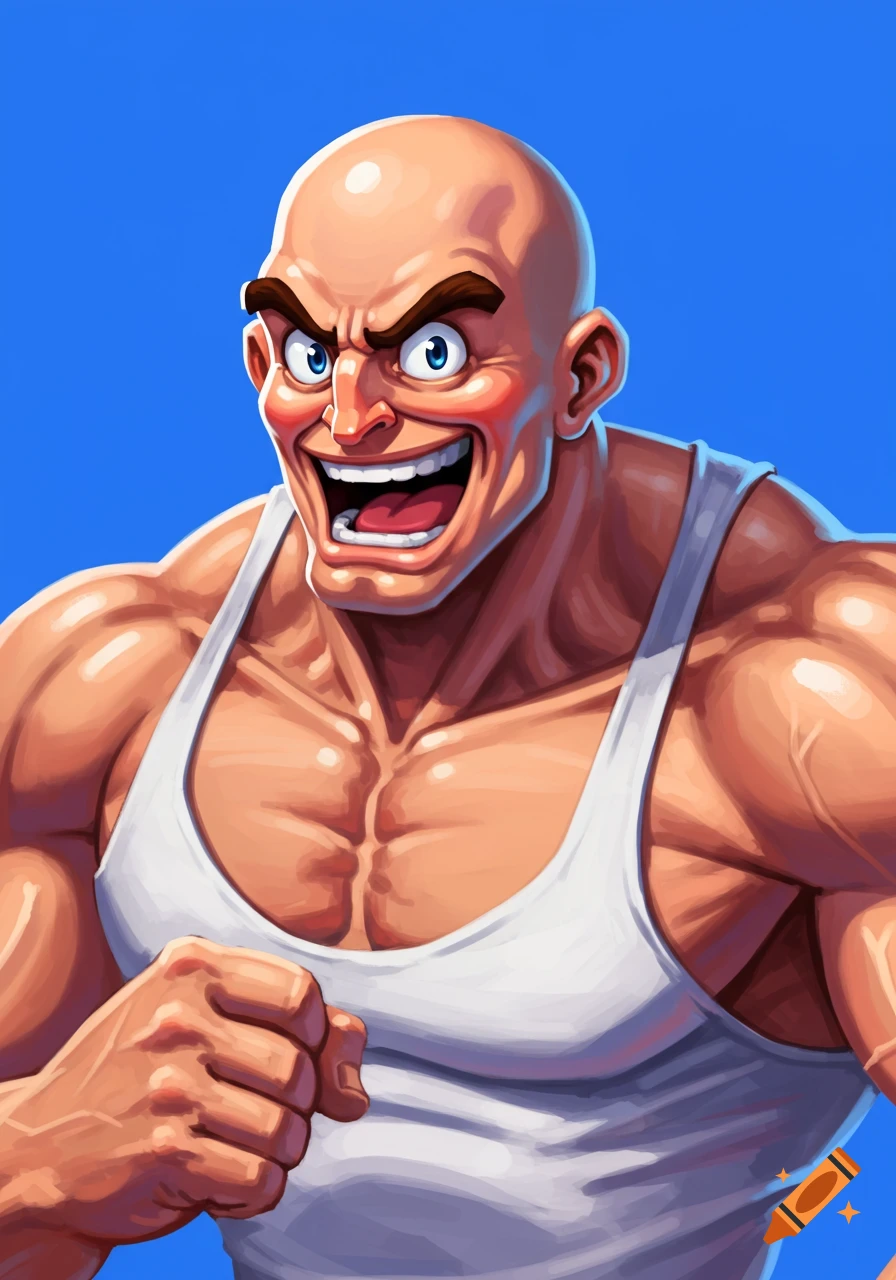 A cartoon portrait of a bald, muscular man in a white tank top, grinning broadly, in a video game art style.
