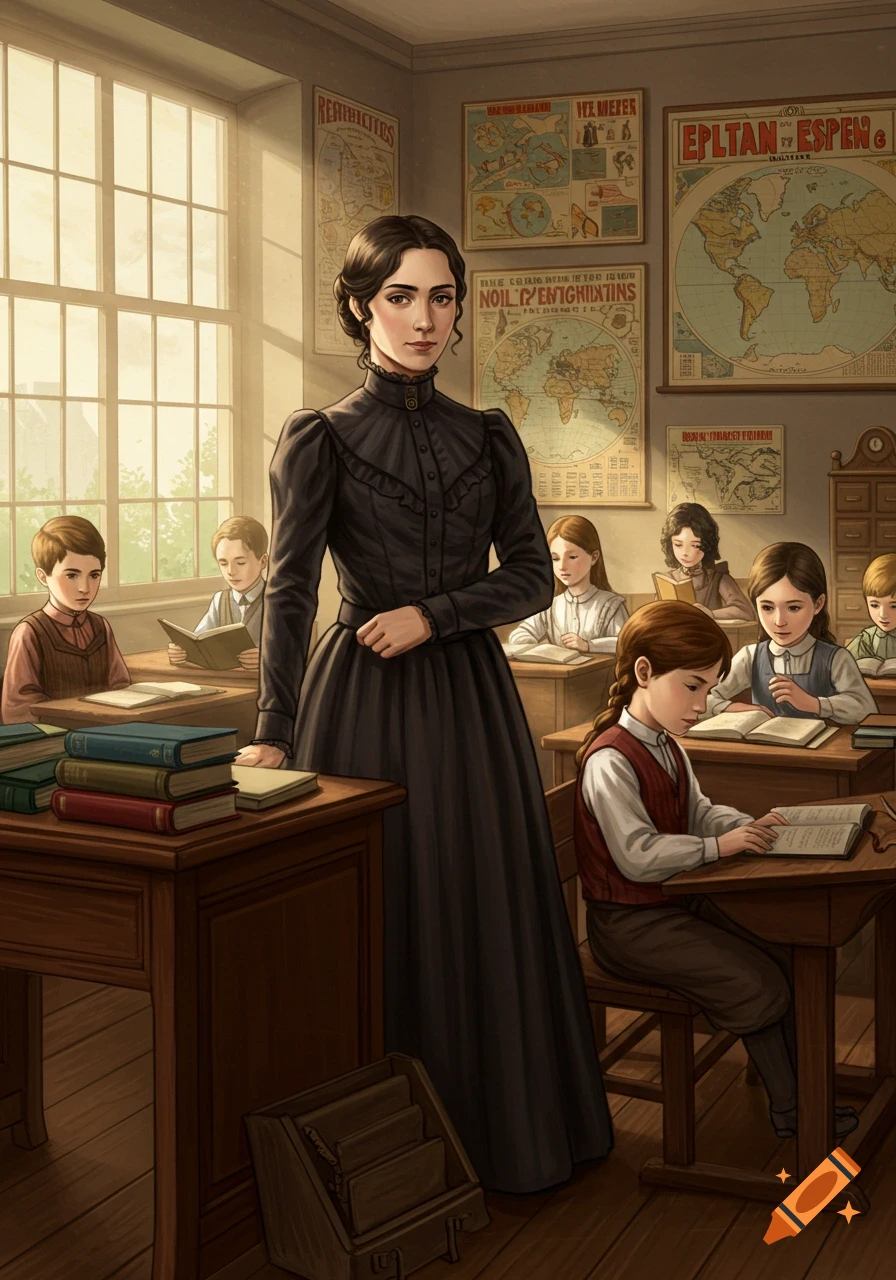 An 1880s woman school teacher stands in a classroom with students reading at their desks, maps and posters on the wall.
