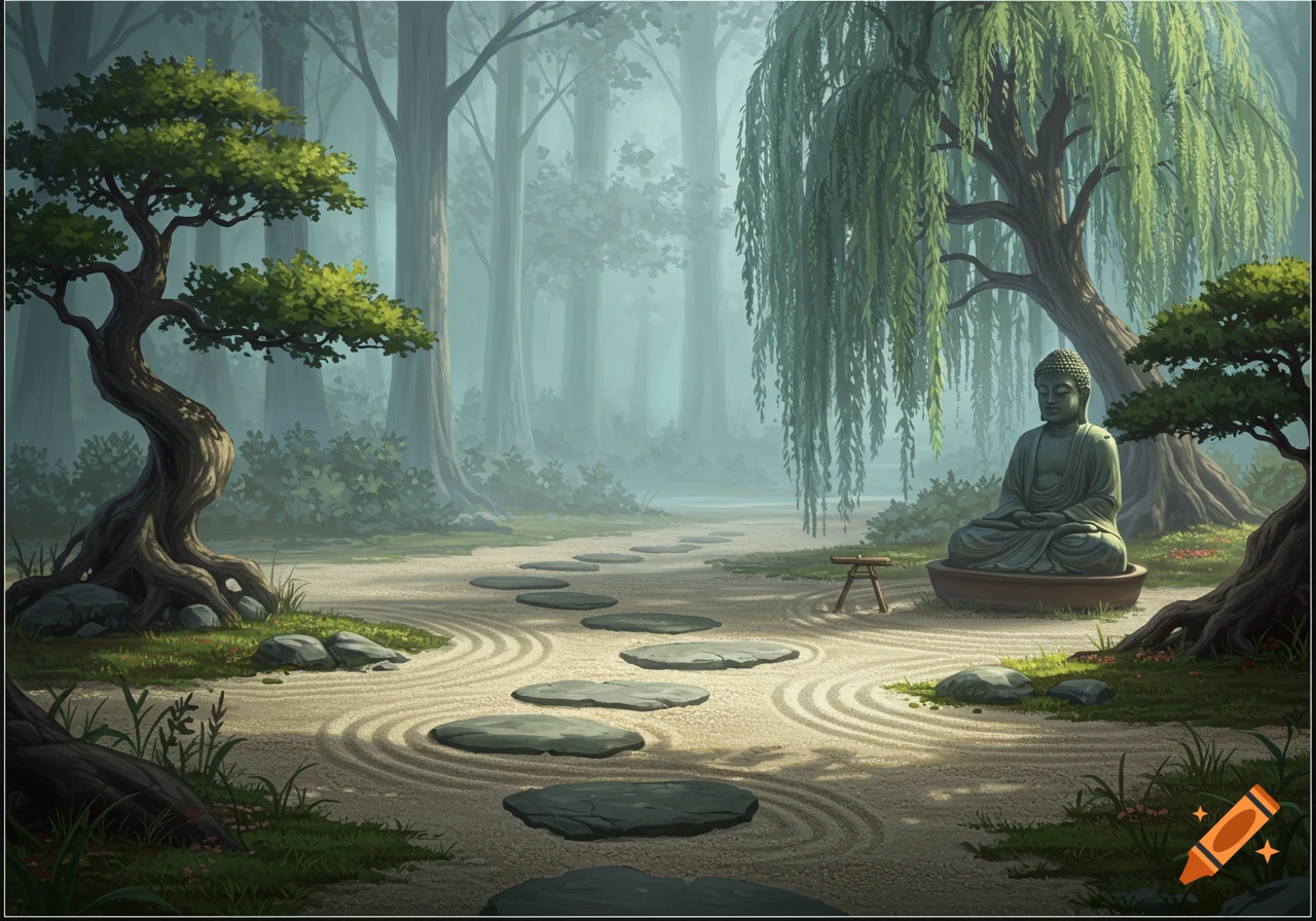 A serene Zen garden with a Buddha statue under a weeping willow tree, stone path, raked sand patterns, and misty forest background.
