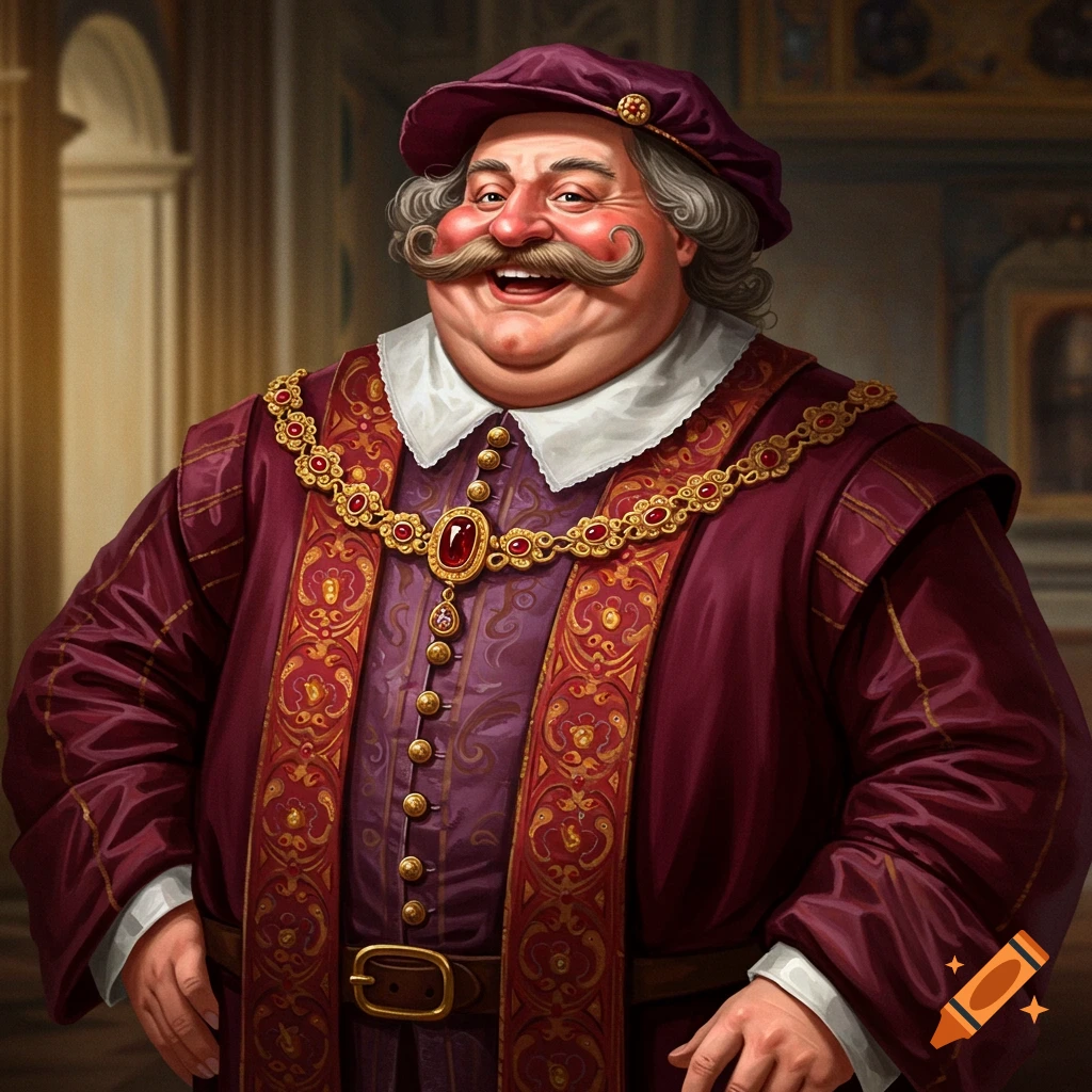 A portly man with a large mustache and a cheerful expression wears a purple nobleman's outfit with gold and ruby accents in a detailed portrait.
