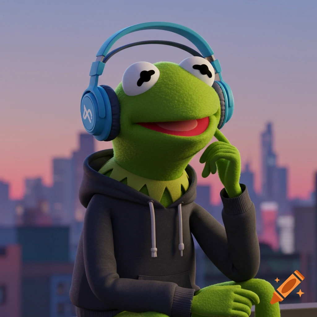 An animated Kermit the Frog in a dark hoodie and blue headphones, looking up at a city skyline at sunset.