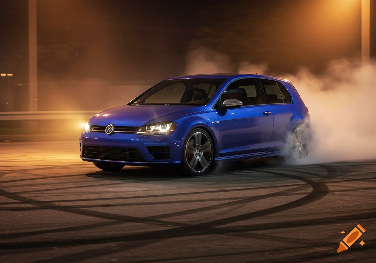 A blue Volkswagen Golf R performs a burnout on an asphalt surface at night, with smoke engulfing the rear wheels and tire marks visible.
